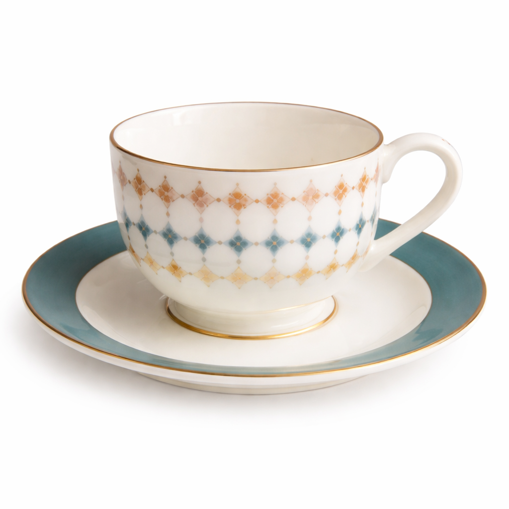 Geometric Elegance Porcelain Teacup & Saucer Set