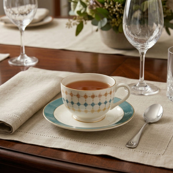 Geometric Elegance Porcelain Teacup & Saucer Set