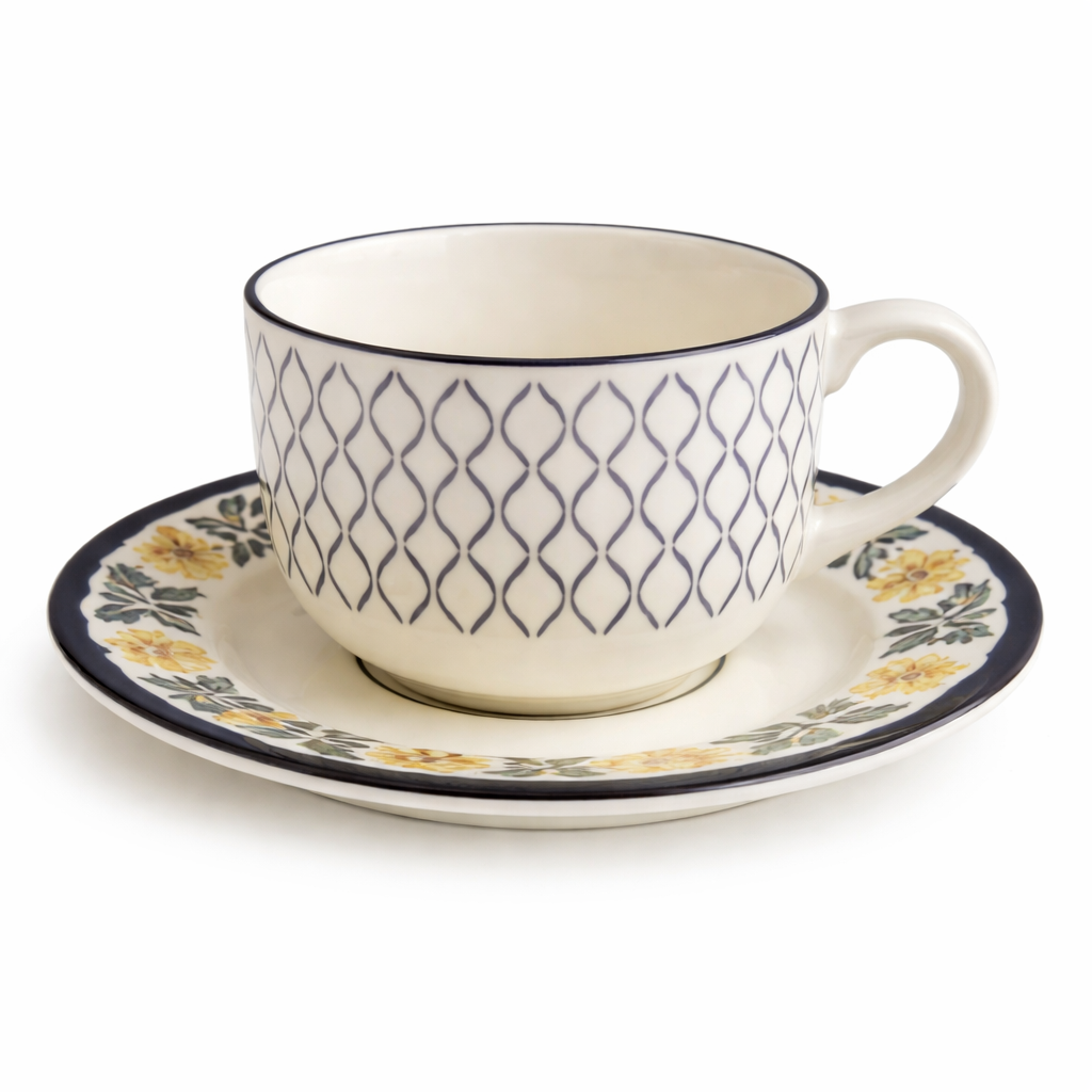 Classic Floral and Geometric Porcelain Teacup & Saucer Set