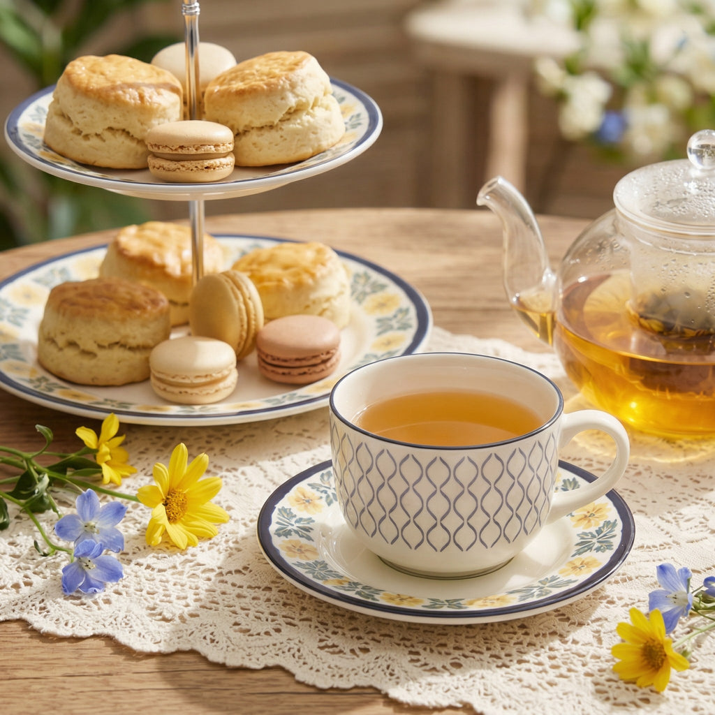 Classic Floral and Geometric Porcelain Teacup & Saucer Set